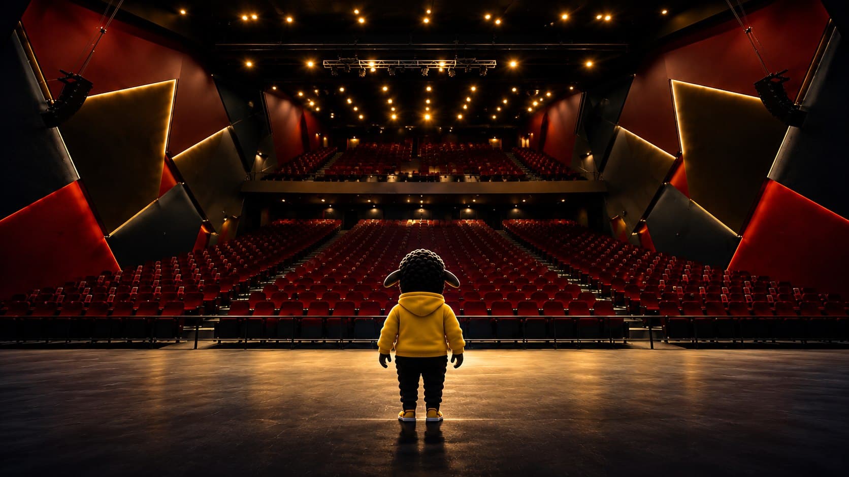 El escenario del Auditorio Domenico Zipoli visto desde el frente, con la mascota de DISRUPTORS de espaldas ante las butacas vacías