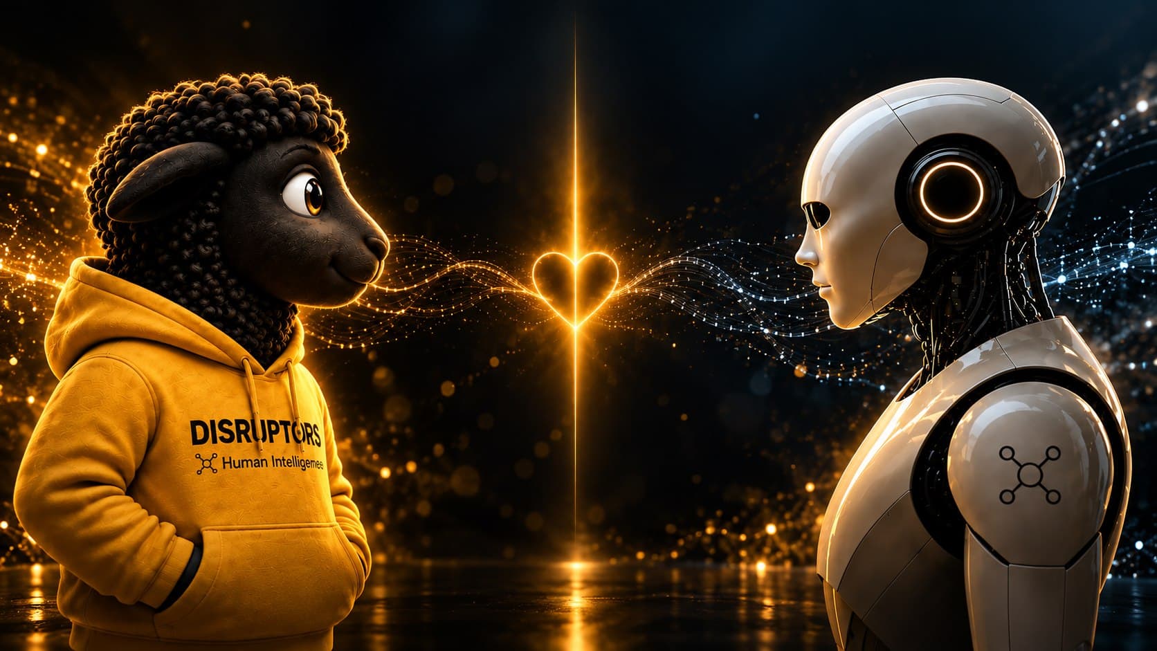 La mascota de DISRUPTORS frente a una inteligencia artificial, unidas por un corazón de luz